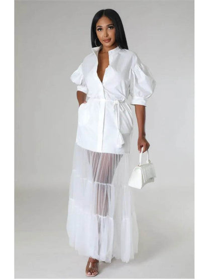 Elegant White Lace-Up Shirt Dress - Short Sleeve for Summer - Buy Center US