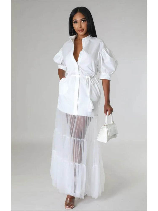 Elegant White Lace-Up Shirt Dress - Short Sleeve for Summer - Buy Center US