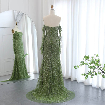 Sharon Said Luxury Mermaid Evening Dress - Green Tulle Gown with Gloves - Buy Center US