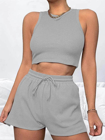 Elegant Women's Two-Piece Set - Sleeveless Waffle Vest & Shorts - Buy Center US