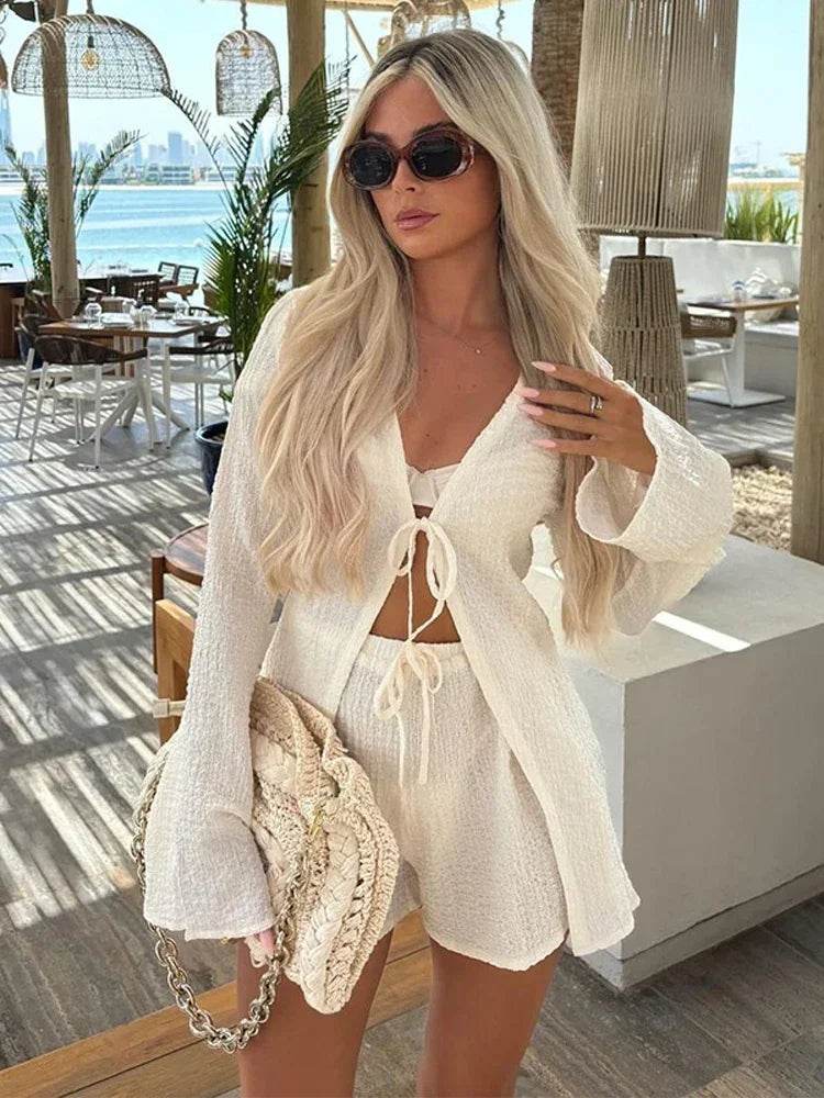Beainmmry Women’s Elegant White Lace Up V-Neck Shorts Set - Buy Center US