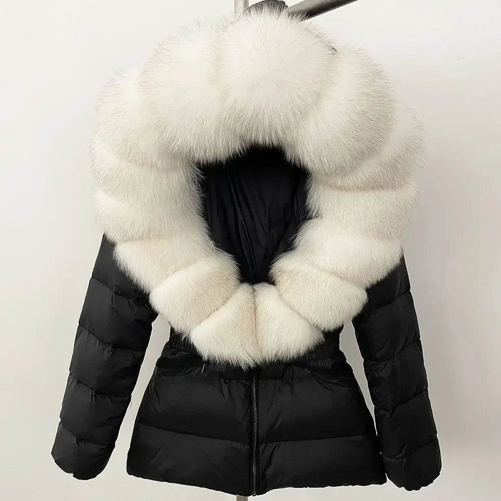 Women's Hooded White Duck Down Coat - Real Raccoon Fur Collar - Buy Center US