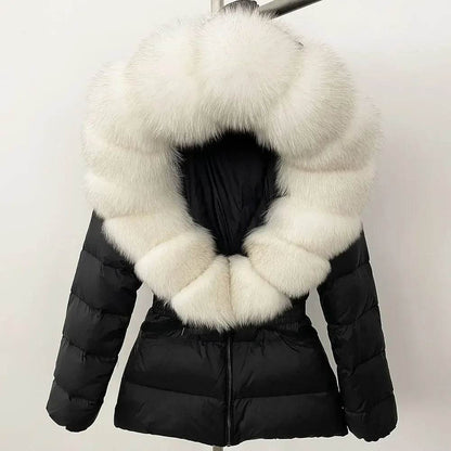 Women's Hooded White Duck Down Coat - Real Raccoon Fur Collar - Buy Center US