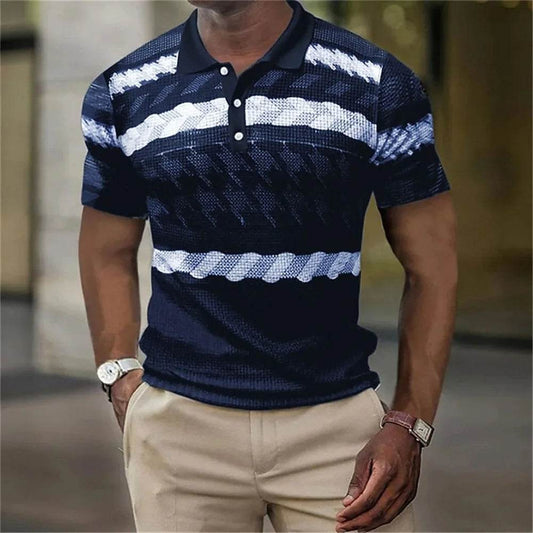 Vintage Men's Casual Polo Shirt - 3D Stripe Print, Loose Fit, Soft Tee - Buy Center US