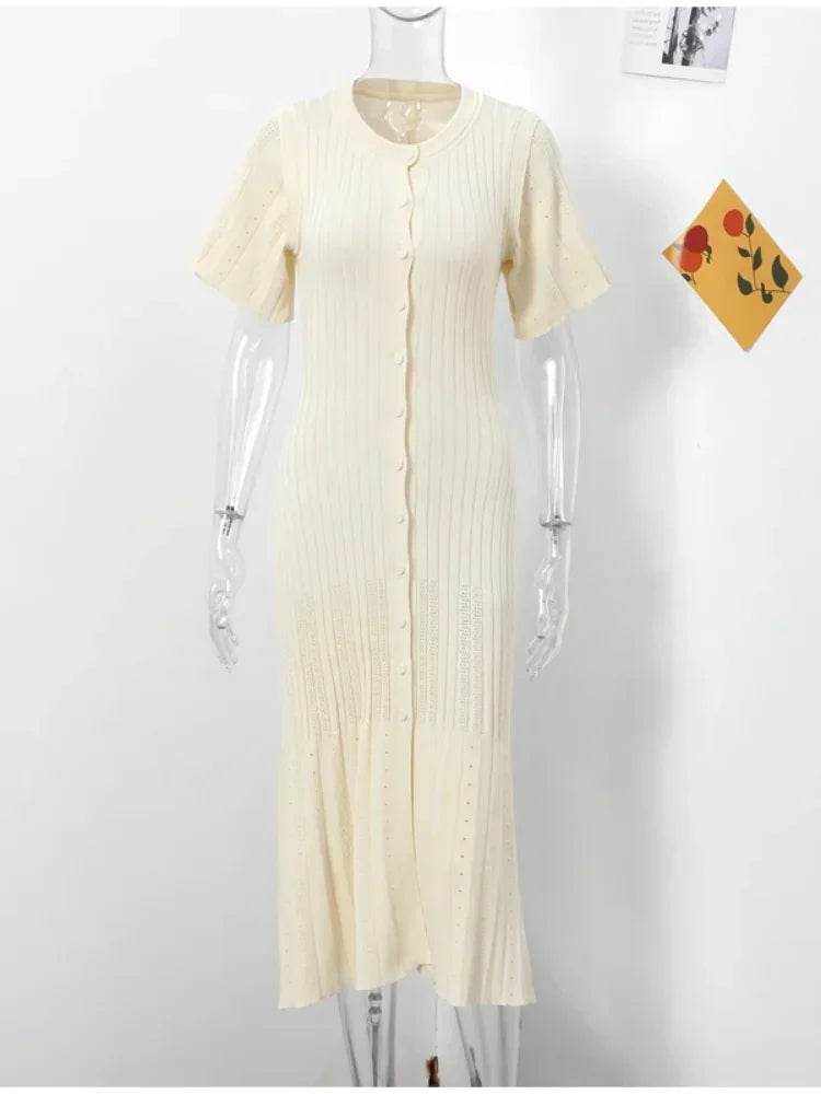Elegant Knit Dress for Women - Ankle-Length Short Sleeve O-Neck - Buy Center US