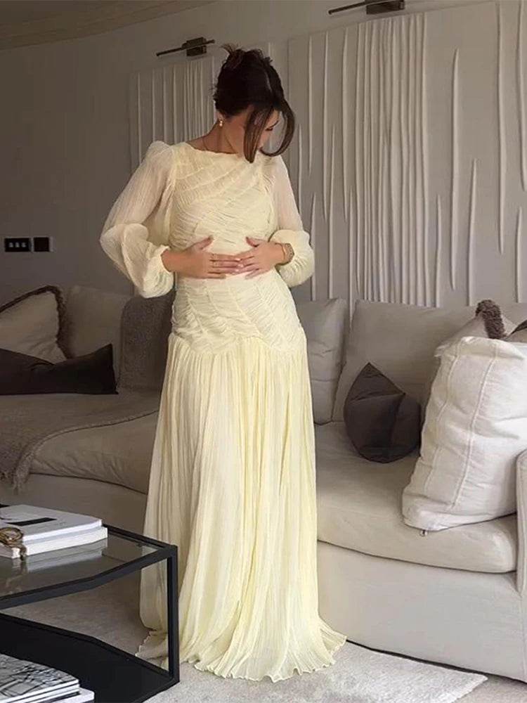 Elegant Pleated O-Neck Long Dress - Women's Summer Beach Chic - Buy Center US