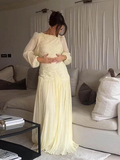 Elegant Pleated O-Neck Long Dress - Women's Summer Beach Chic - Buy Center US