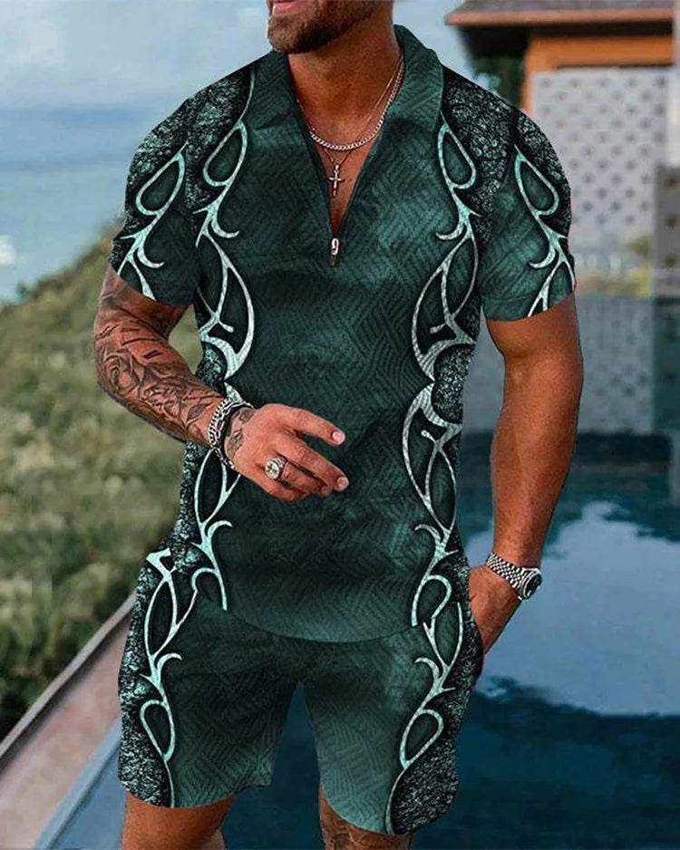 Men's Summer Colorful Tracksuit Set - Casual Zipper Polo Shirt & Shorts - Buy Center US