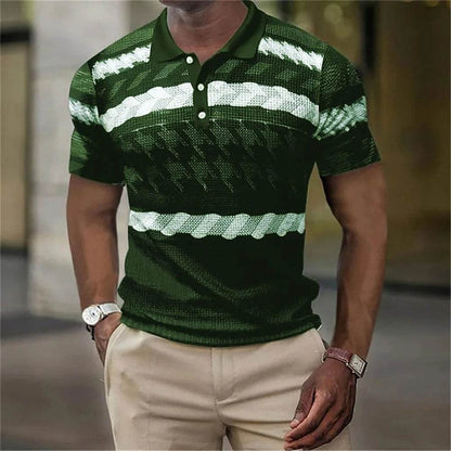Vintage Men's Casual Polo Shirt - 3D Stripe Print, Loose Fit, Soft Tee - Buy Center US