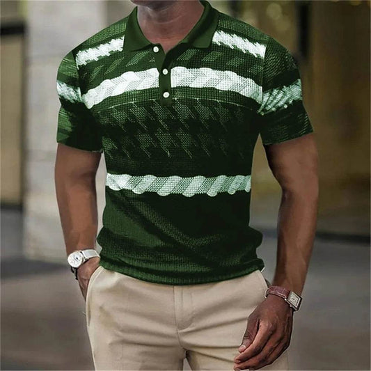 Vintage Men's Casual Polo Shirt - 3D Stripe Print, Loose Fit, Soft Tee - Buy Center US