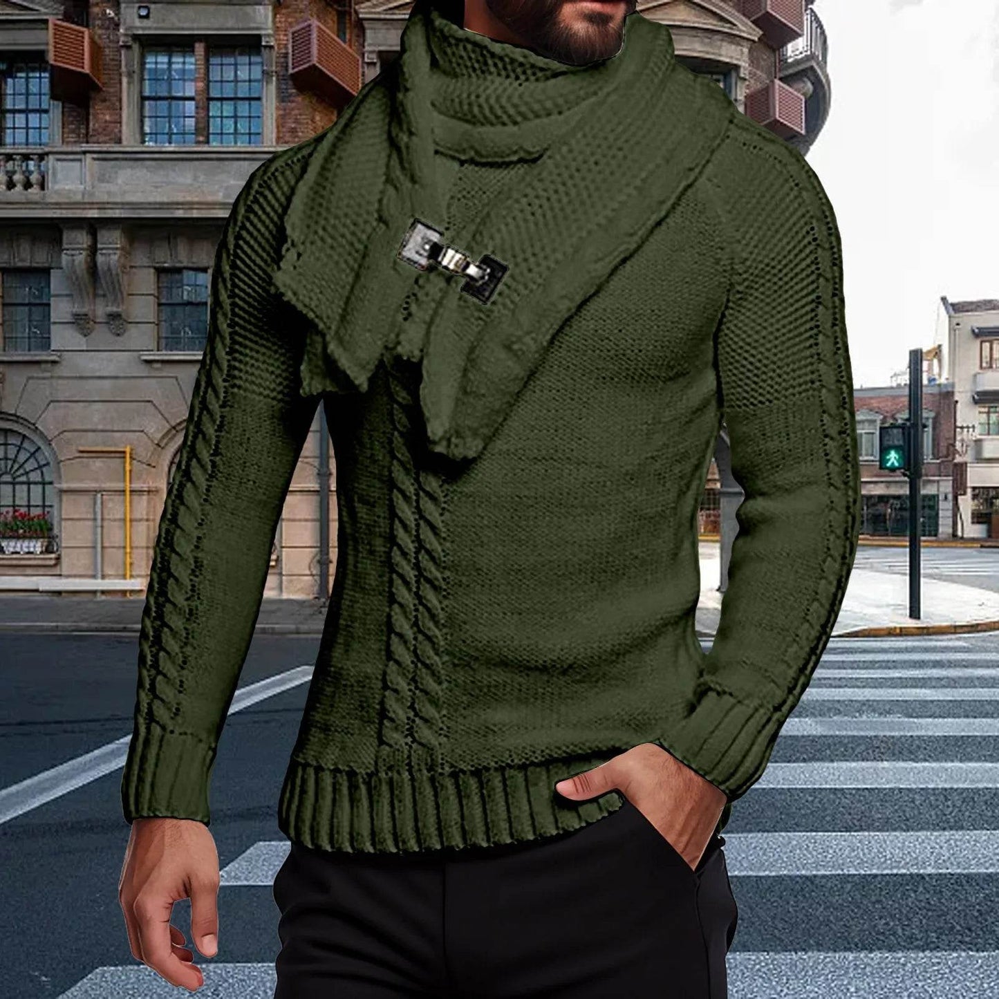 Men's Autumn Winter O-Neck Thermal Sweater & Scarf Set - Casual Layers - Buy Center US