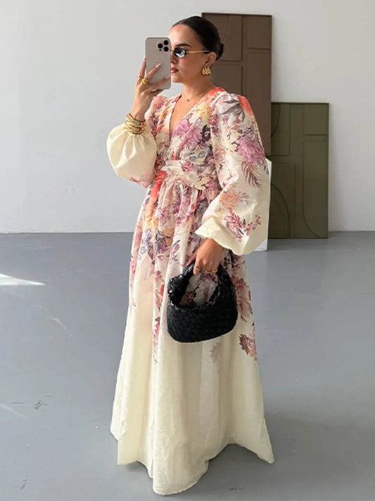 Chic Floral Print Women's Dress - Elegant V-Neck & Lantern Sleeves - Buy Center US