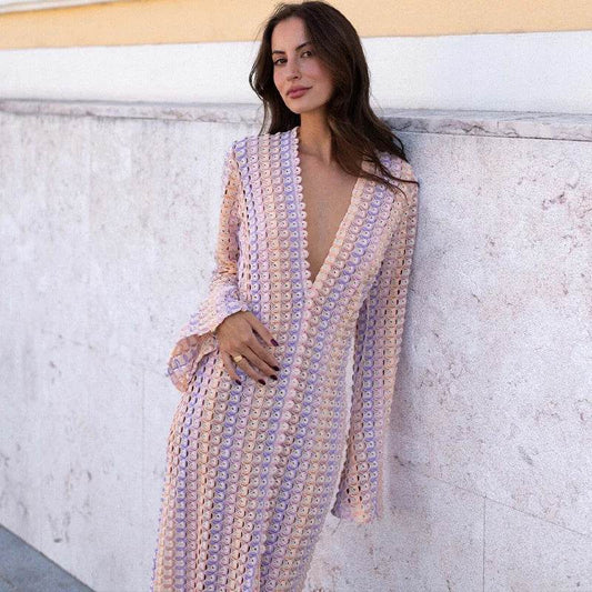 MsChuh Women’s Stripe Flare Sleeve Maxi Dress - V-Neck, Casual Style - Buy Center US