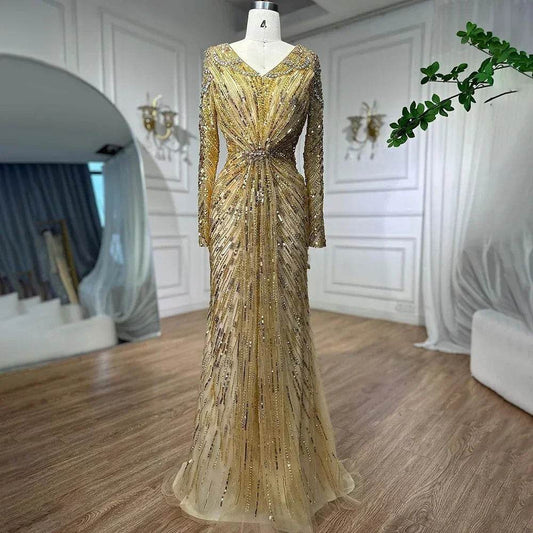 SERENE HILL Mermaid Evening Dress - Custom Beaded Floor-Length Gown - Buy Center US