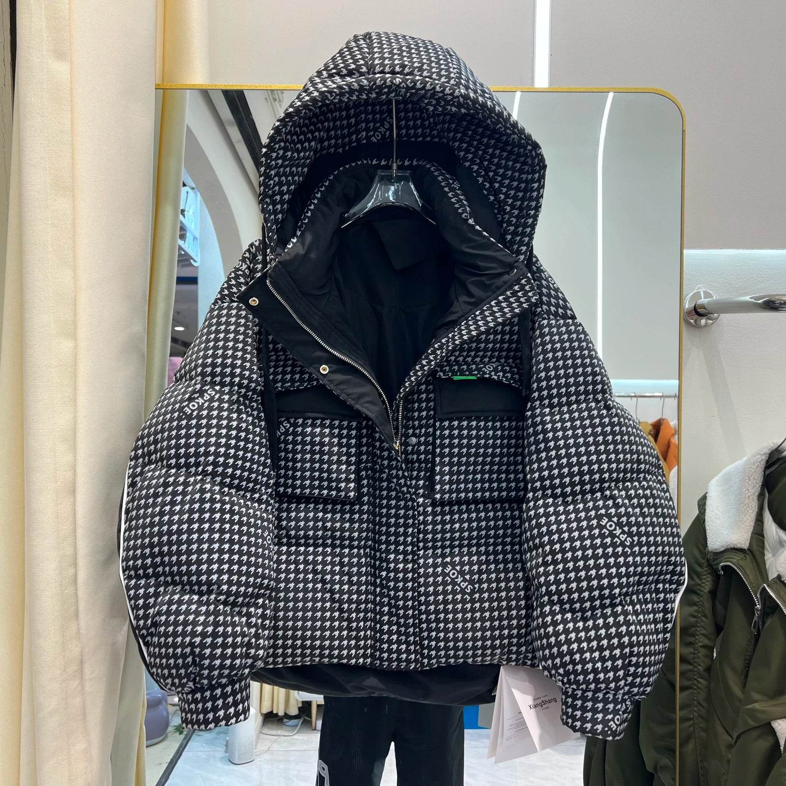 Women's Houndstooth Puffer Jacket - 90% Duck Down, Hooded Warmth - Buy Center US