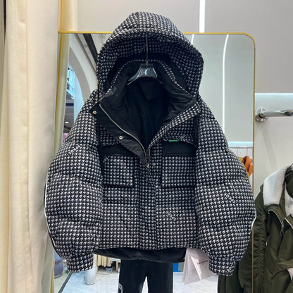 Women's Houndstooth Puffer Jacket - 90% Duck Down, Hooded Warmth - Buy Center US