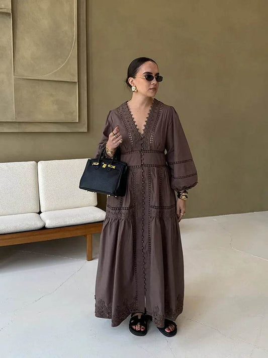 Women’s V-Neck Maxi Dress - Lace Patchwork for Spring/Summer - Buy Center US