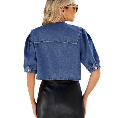 Kalenmos Women’s Sailor Collar Denim Jacket - Slim Fit with Pockets - Buy Center US
