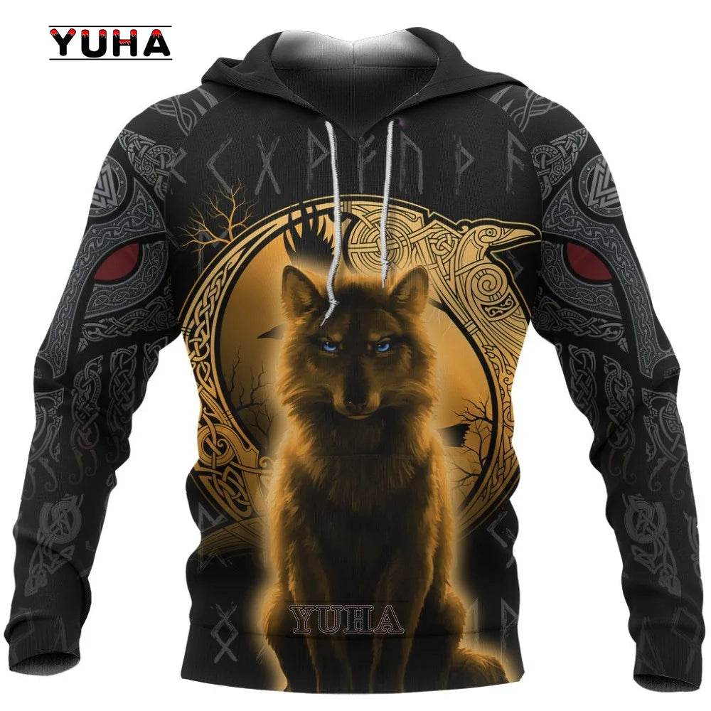 Retro Wolf Tattoo Vegvisir Hoodie - Black & White 3D Print for Men - Buy Center US