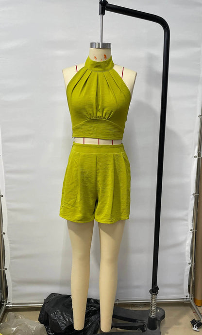 Chic Women Summer Shorts Set - Halter, Lace-up, Solid Chiffon - Buy Center US