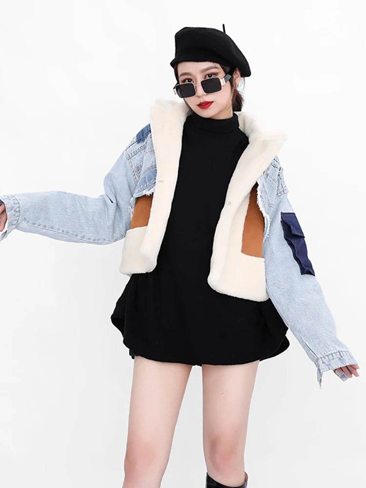 DEAT Women's Slim Woolen Coat - Full Sleeve, Patchwork Design - Buy Center US