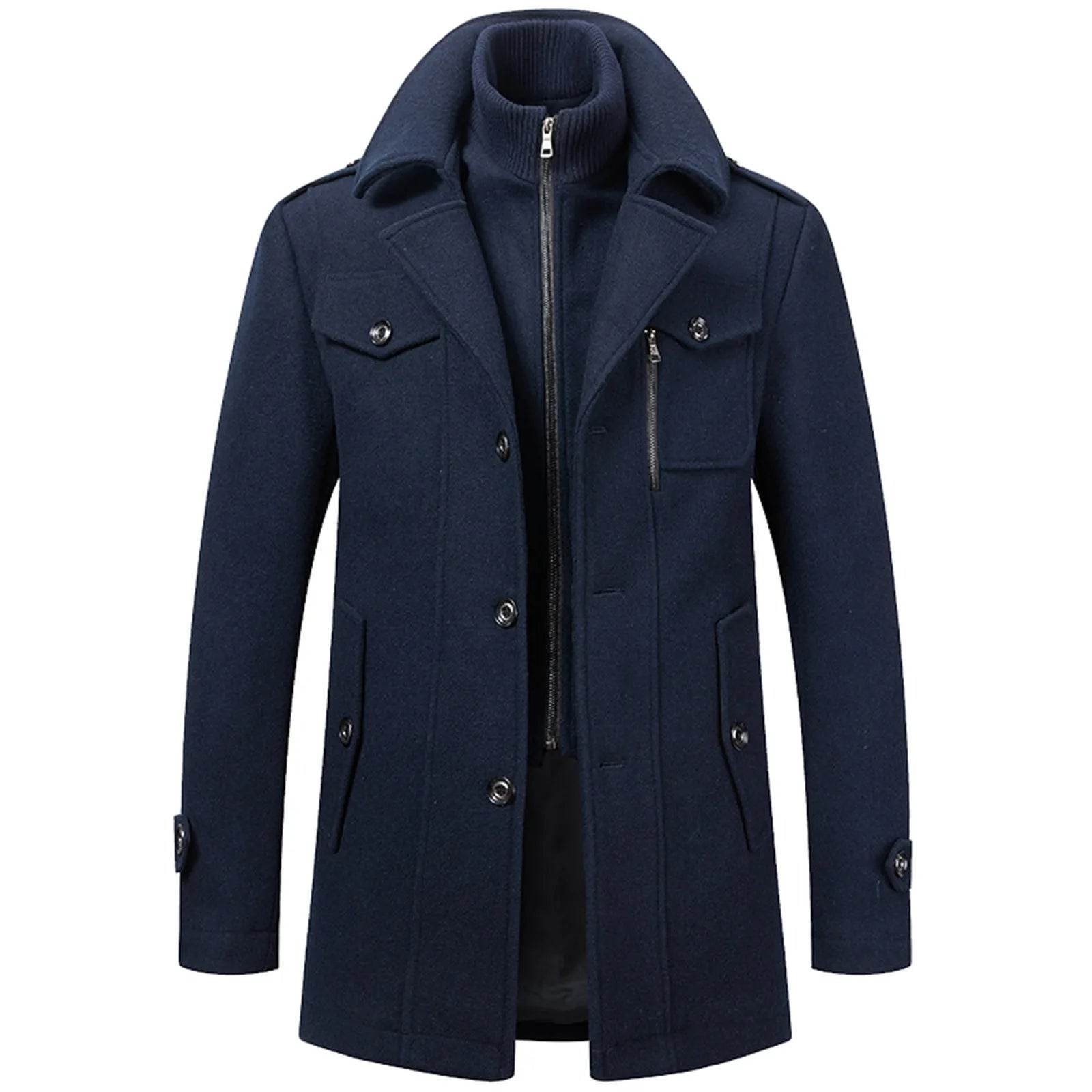 Men's Black Woolen Trench Coat - Casual High Collar Zipper Jacket - Buy Center US