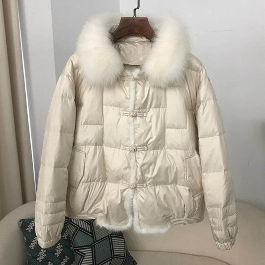 Women's Vintage White Duck Down Jacket - Real Fox Fur Collar Coat - Buy Center US