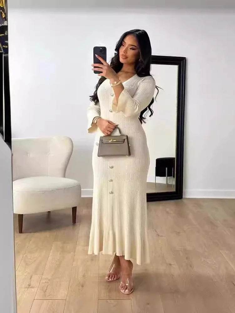 Elegant Office Lady Knitted Dress - Short Sleeve V-Neck Style - Buy Center US