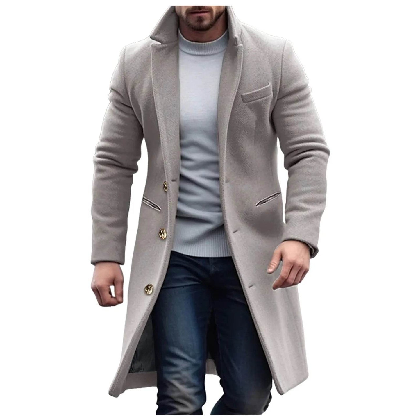 Men's Woolen Mid-Length Trench Coat - Casual Slim Fit Jacket with Pockets - Buy Center US