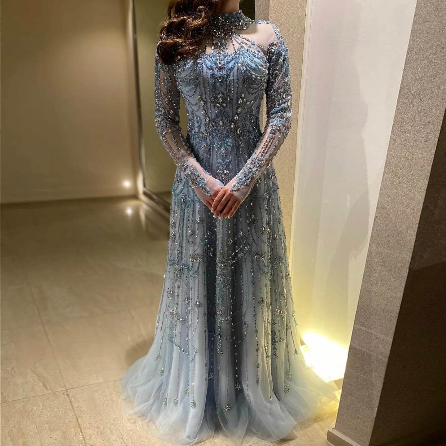 Sharon Said Blue High Neck Evening Dress - Luxury Formal Gown - Buy Center US