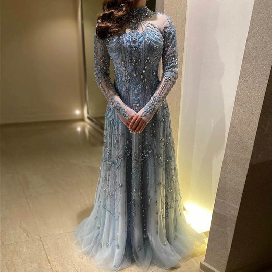 Sharon Said Blue High Neck Evening Dress - Luxury Formal Gown - Buy Center US