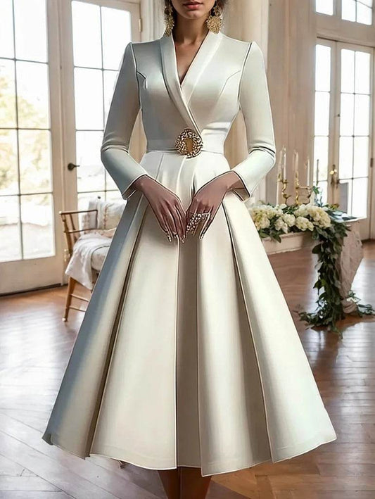 Elegant Women's V-Neck Midi Dress - Long Sleeve Pleated Design - Buy Center US