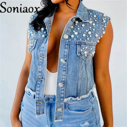 Soniaox Women's Denim Jacket Vest - Beaded Casual Short Coat - Buy Center US