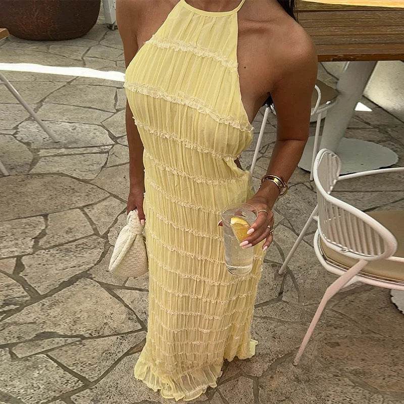 Elegant Pleated Halter Dress - Slim Backless Maxi for Women - Buy Center US