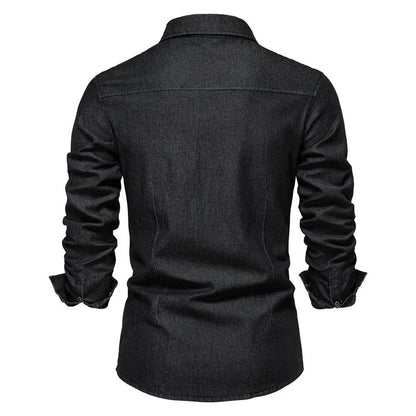 High-Quality Cotton Denim Shirt - Men's Slim Fit Casual Long Sleeve - Buy Center US