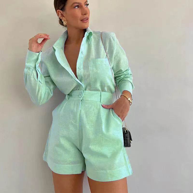 Women's Casual 2-Piece Summer Outfit - Button Detail & Shorts - Buy Center US