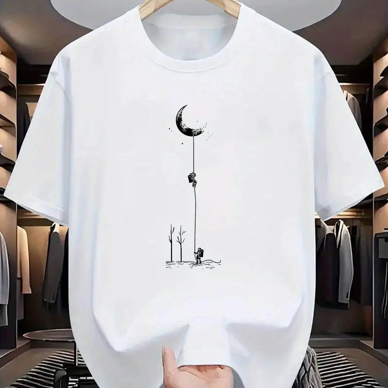 GUILAN Men's 100% Cotton Casual T-Shirt - Plus Size Moon Landing Print - Buy Center US