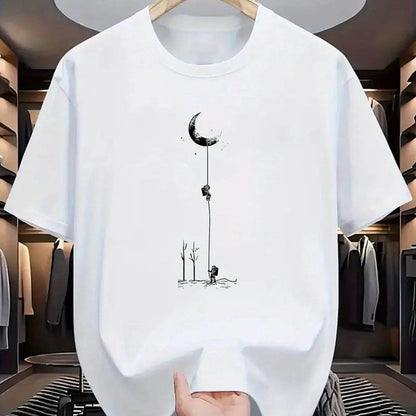 GUILAN Men's 100% Cotton Casual T-Shirt - Plus Size Moon Landing Print - Buy Center US