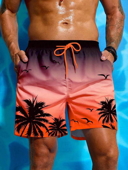 Men's Summer Board Shorts - 3D Palm Tree Print with Drawstring - Buy Center US