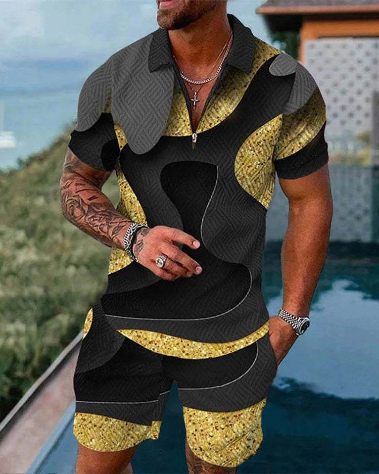 Men's Summer Colorful Tracksuit Set - Casual Zipper Polo Shirt & Shorts - Buy Center US