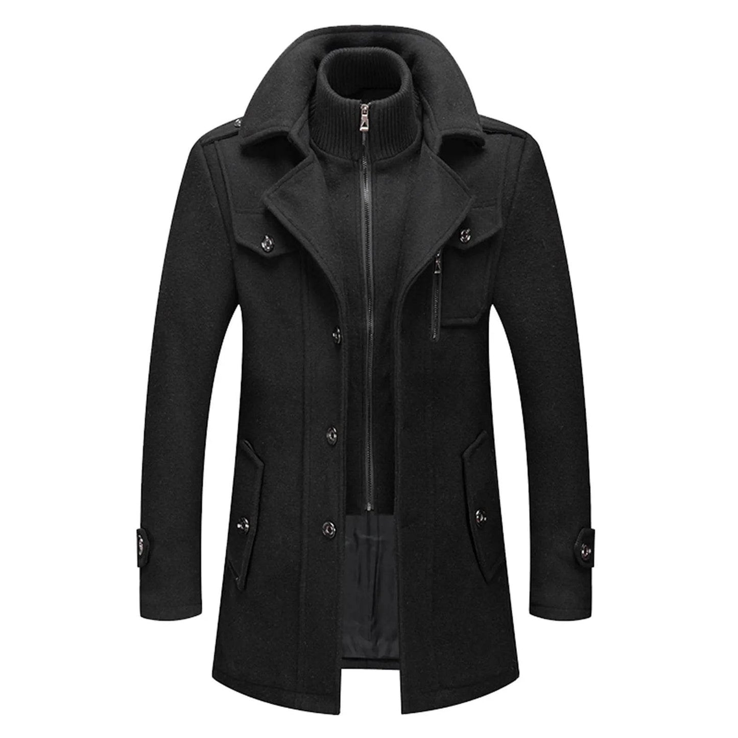 Men's Black Woolen Trench Coat - Casual High Collar Zipper Jacket - Buy Center US