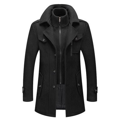Men's Black Woolen Trench Coat - Casual High Collar Zipper Jacket - Buy Center US