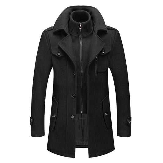 Men's Black Woolen Trench Coat - Casual High Collar Zipper Jacket - Buy Center US