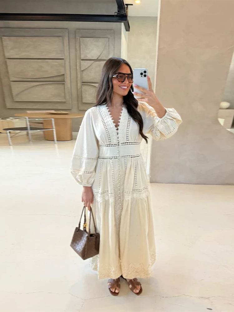 Women’s V-Neck Maxi Dress - Lace Patchwork for Spring/Summer - Buy Center US