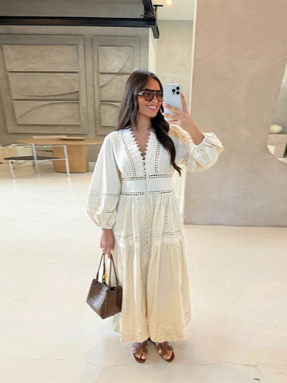 Women’s V-Neck Maxi Dress - Lace Patchwork for Spring/Summer - Buy Center US