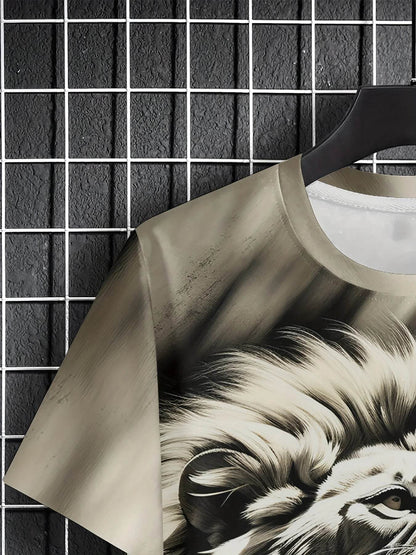 Men's Lion Print Crew Neck T-Shirt - Soft, Breathable Summer Casual Wear - Buy Center US