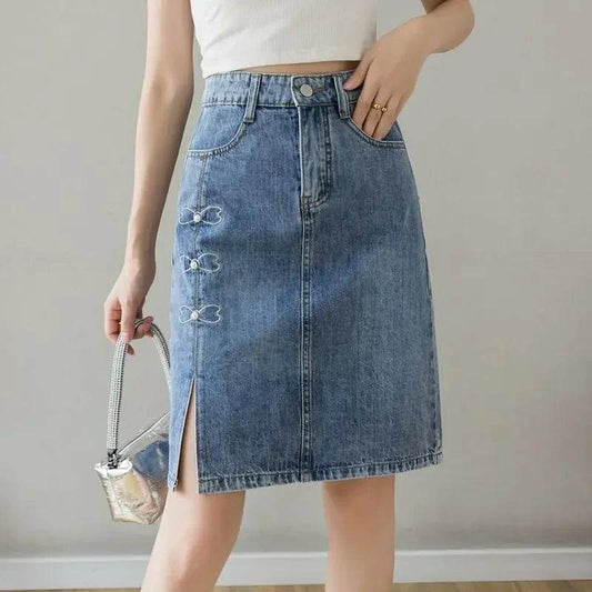 Kawaii Women's Denim Midi Skirt - Elegant A-Line Casual Style - Buy Center US