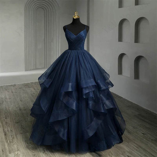 Y&M NOVIAS Navy Blue Quinceanera Dress - Ruffled V-Neck Gown - Buy Center US
