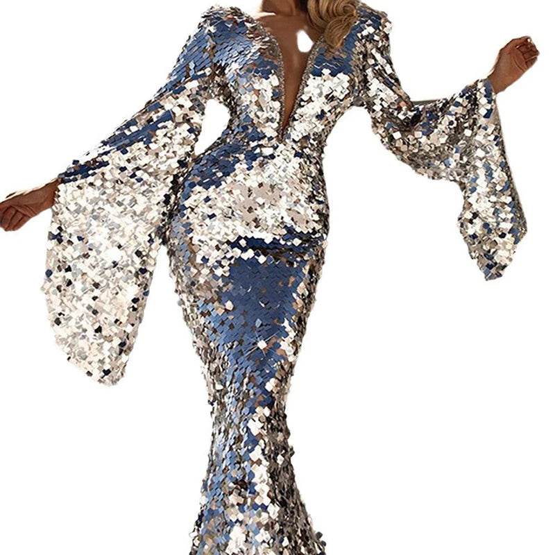Elegant Silver Sequin Evening Dress - Flare Sleeves, Deep V Neck - Buy Center US