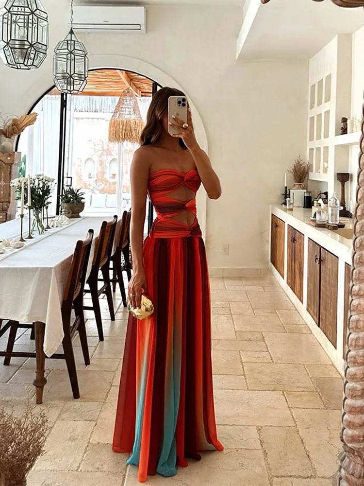 Beainmmry Colorful Print Beach Dress - Strapless Pleated Maxi Style - Buy Center US
